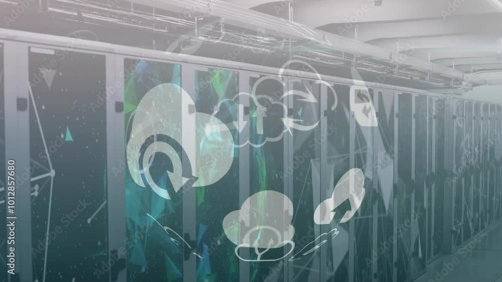 Poster animation of globe with cloud icon and data processing over computer servers