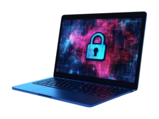 Laptop with Lock Icon on Screen Representing Cybersecurity and Data Protection Isolated on Transparent Background