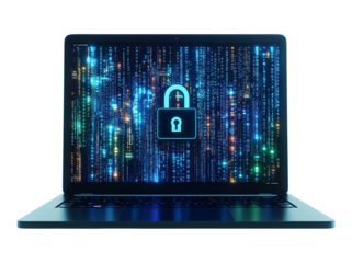 Laptop with Lock Icon on Screen Representing Cybersecurity and Data Protection Isolated on Transparent Background