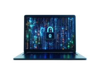 Laptop with Lock Icon on Screen Representing Cybersecurity and Data Protection Isolated on Transparent Background