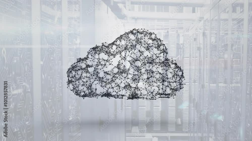 Poster animation of cloud icon and data processing over computer servers