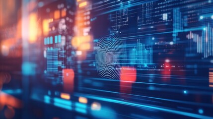 Obraz premium Abstract digital interface with data patterns and fingerprint imagery.