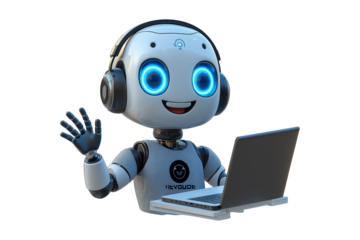 Robot with Headphones Waving Hand and Using Laptop Isolated on Transparent Background