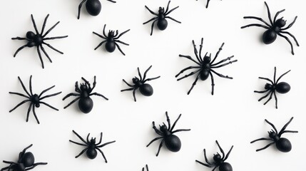 Halloween decorations concept. Halloween with spiders, black bats on white background. Flat lay, top view, copy space