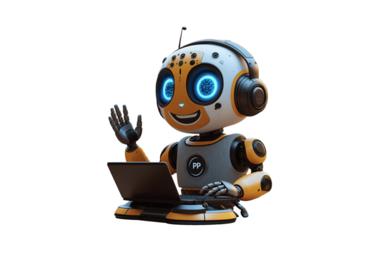 Robot with Headphones Waving Hand and Using Laptop Isolated on Transparent Background