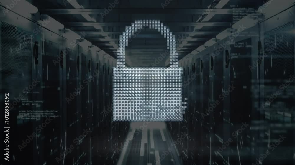 Aufkleber animation of padlock icon and data processing over computer servers