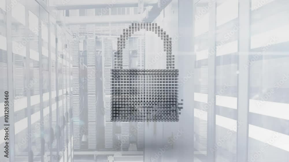 Poster animation of padlock icon over computer serves