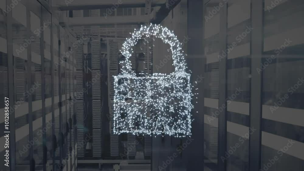 Poster animation of padlock icon over computer serves