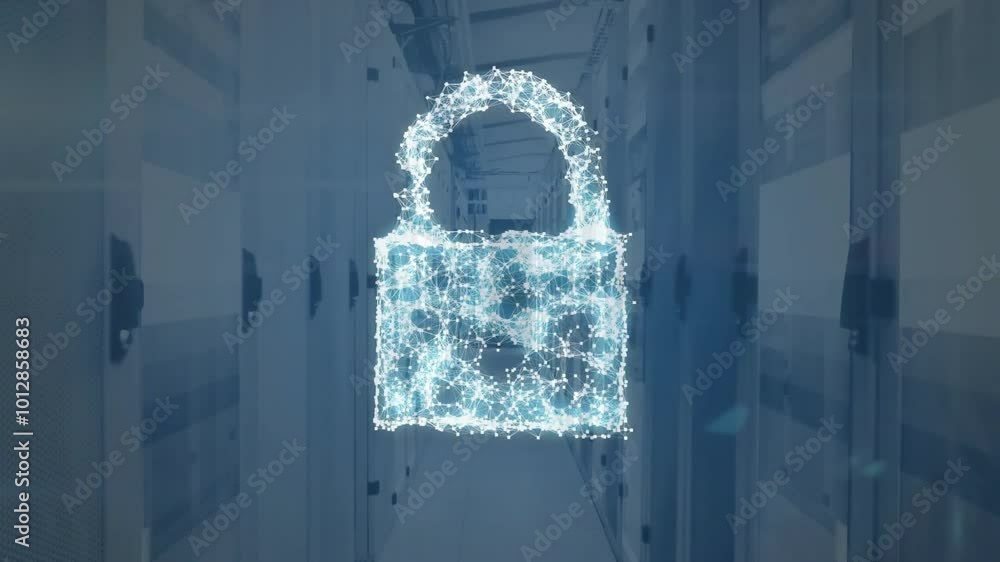 Poster animation of padlock icon over computer serves