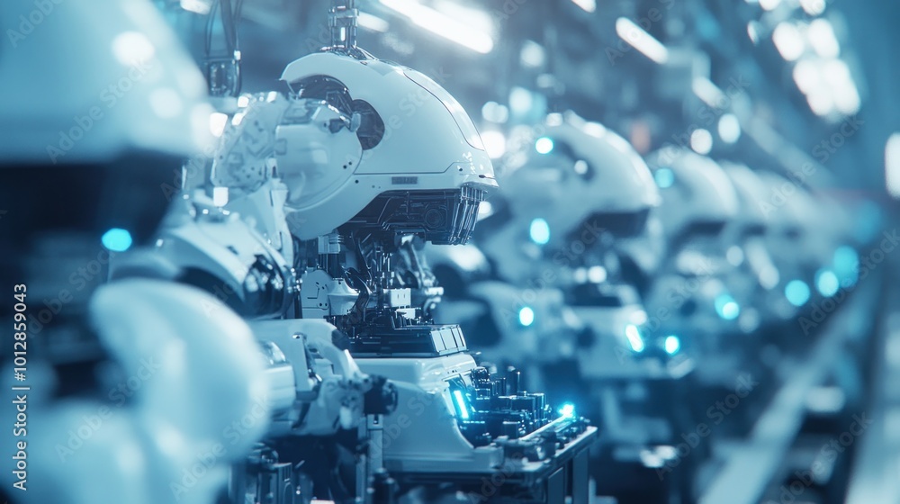 Aufkleber futuristic robots in a high-tech assembly line, showcasing advanced technology and automation.