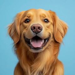Obraz premium Happy Golden Retriever Puppy Portrait on Light Blue Background - Space for Text