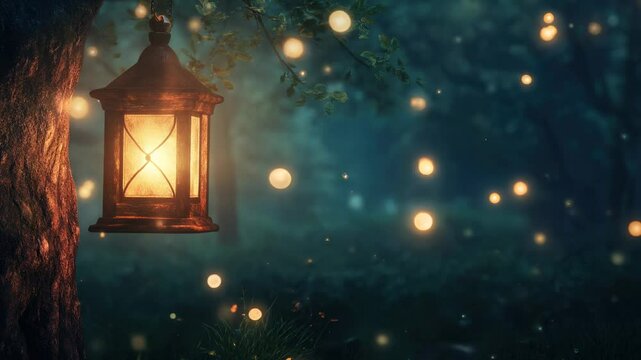 Rustic lantern softly glowing at night in tranquil forest. moonlight filters through trees. mysterious, serene atmosphere.