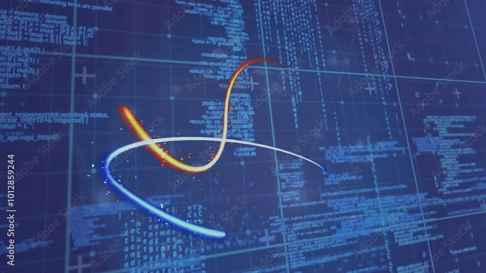 Poster animation of financial data processing and glowing light trails
