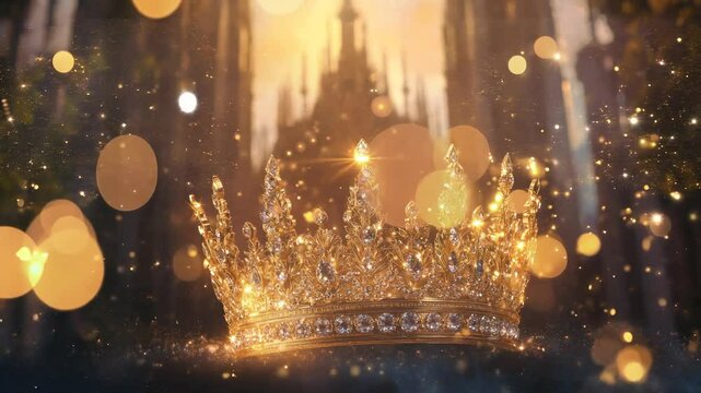Ornate gold crown with jewels in blurred gothic cathedral. Gold bokeh.