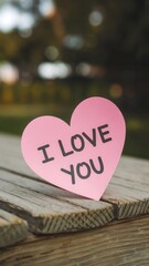 Pink heart-shaped note with "I Love You" placed on outdoor bench in garden