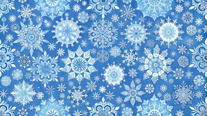 Beautiful winter pattern featuring various snowflakes and floral designs in cool blue tones