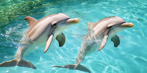 Obraz premium Two playful dolphins swim in blue water, one facing the camera, the other with its back to the viewer.