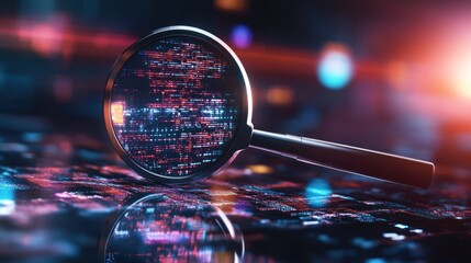 A magnifying glass over a digital landscape, highlighting data and technology themes.