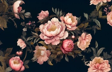 Dark background with pink and cream peonies and lush foliage.
