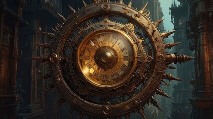 Obraz premium A large, intricate clock face with roman numerals and gears, set against a backdrop of a futuristic city.