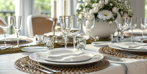 A table with a white tablecloth and a bunch of white flowers. Wedding celebration or party dinner setting background.