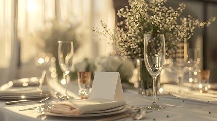 A mockup table tent menu card on a table with tablecloth, a vase of flowers and a white plate. Wedding celebration or party dinner blurred background.