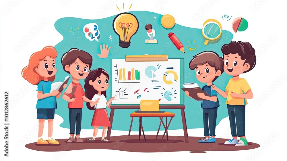 Poster group of children analyzing charts and data with lightbulb and other objects in the background