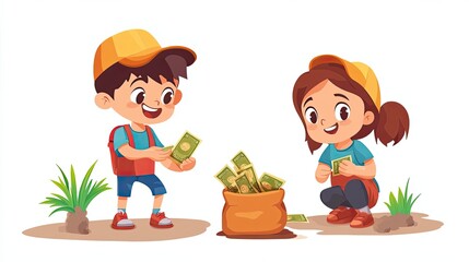 Two Children Putting Money in a Bag