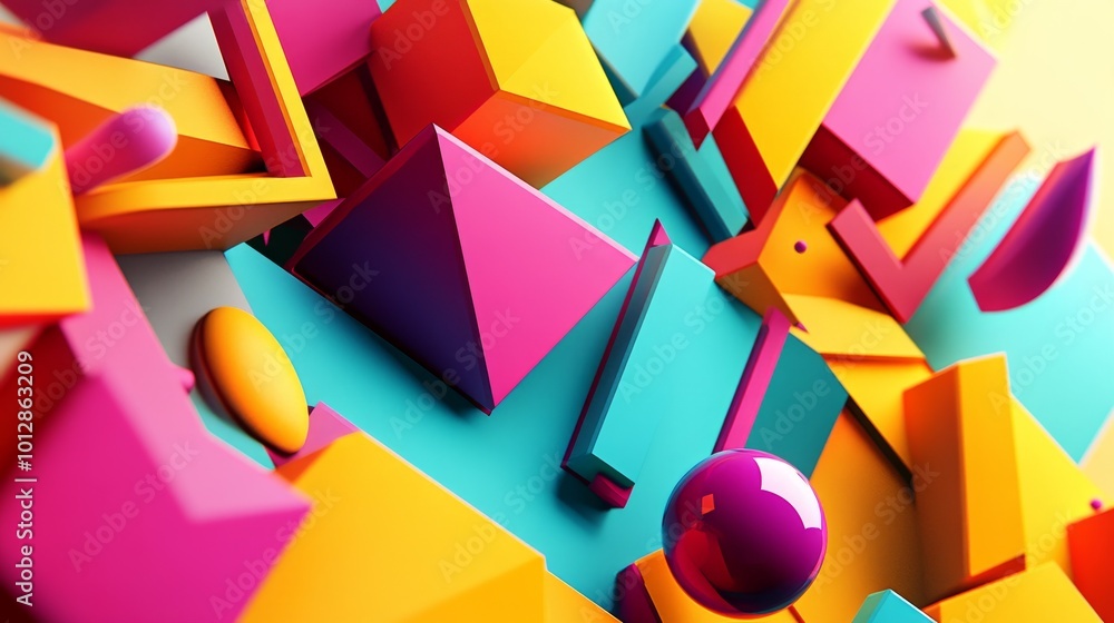Poster a dynamic collection of colorful geometric shapes, including cubes, pyramids, and spheres, arranged 