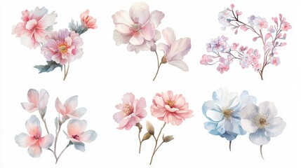 Flower birthday decor, elegant floral arrangements, soft pastels, watercolor illustration, isolated on white background.