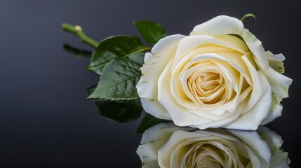 Fototapeta premium Close-up of a single white rose on a black background, symbolizing mourning and remembrance, slightly wilted to emphasize the somber theme.