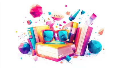 Geek-themed birthday, nerdy elements, gadgets and books, digital art, bright colors, isolated on white background.