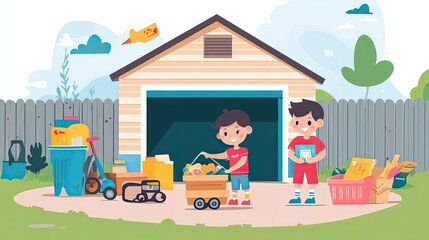 Naklejka premium Two Boys Unloading Groceries and Boxes in Front of a Garage