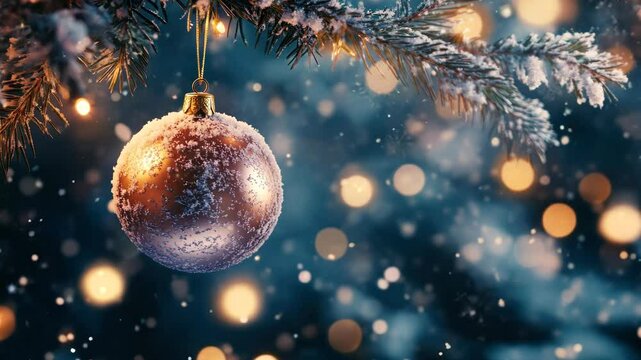 Shimmering Christmas ornament with snowflakes on evergreen branch. soft bokeh lights in background. winter wonderland.