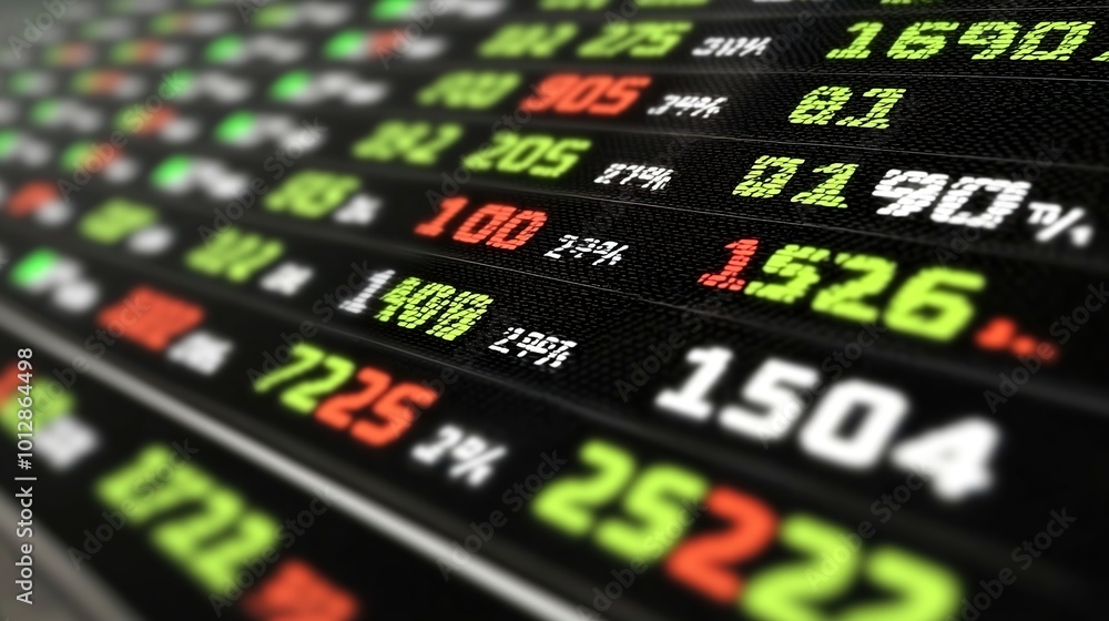 Poster close up view of a stock ticker with numbers and percentages.