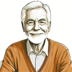 Illustration of a smiling elderly man with white hair and beard in a sweater