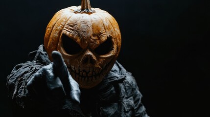 Man in spooky pumpkin skull costume in black dressed for halloween festival on black background. Haunted guy in scary cosplay mask pointing away on blank space for your advertising content.