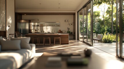 Modern kitchen and living area with large windows, blending indoor and outdoor spaces.