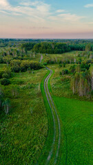 A road in a green field at sunset