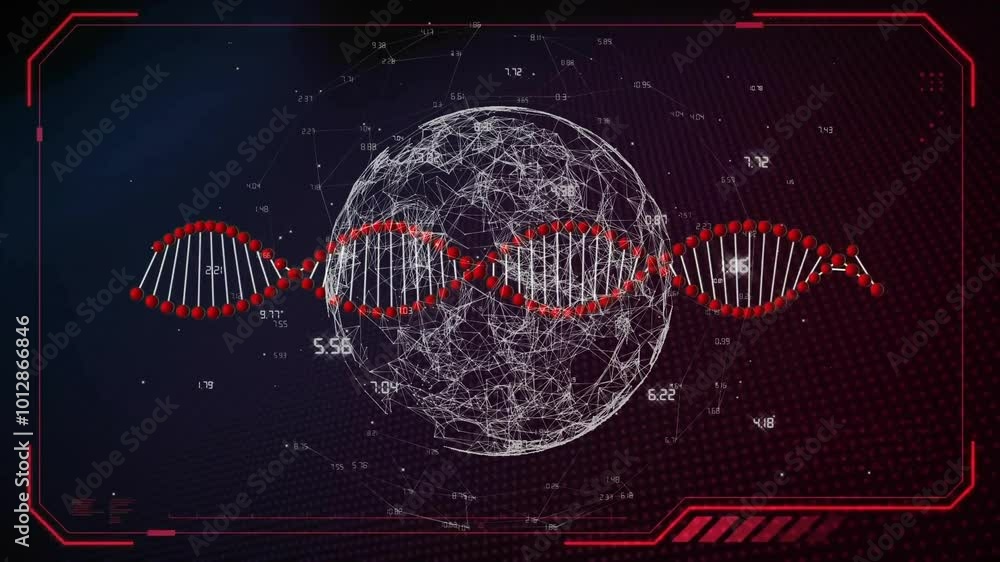 Poster animation of dna strand with data processing and globe