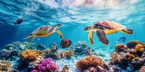 Obraz premium Two sea turtles swimming over coral reef in blue ocean.