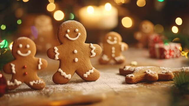 Gingerbread cookies shaped like smiling figures on festive table in dazzling kitchen. warm light, cozy holiday atmosphere.
