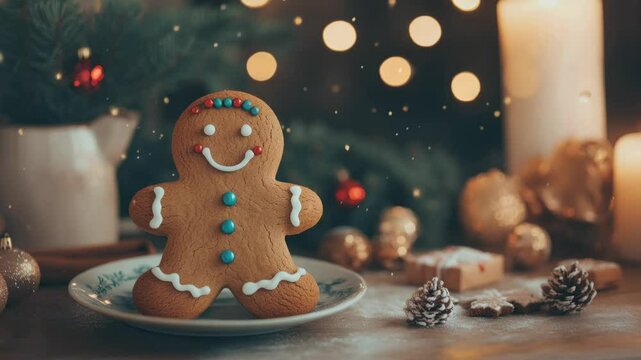 Gingerbread cookies shaped like people on plate. holiday baking ingredients, festive kitchen decor. warm, joyful Christmas scene.