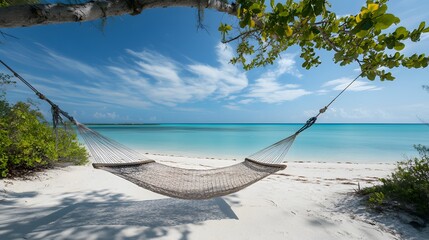 A tranquil tropical beach backdrop featuring a beach swing or hammock, white sand, and a serene sea, ideal for relaxation and summer holidays in the Bahamas