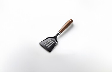 A slotted spatula with a brown wooden handle sits on a white surface.