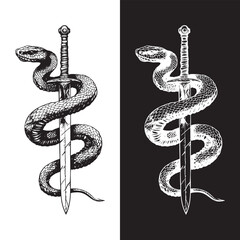 Elegant Sword and Serpent Illustration in Black and White
