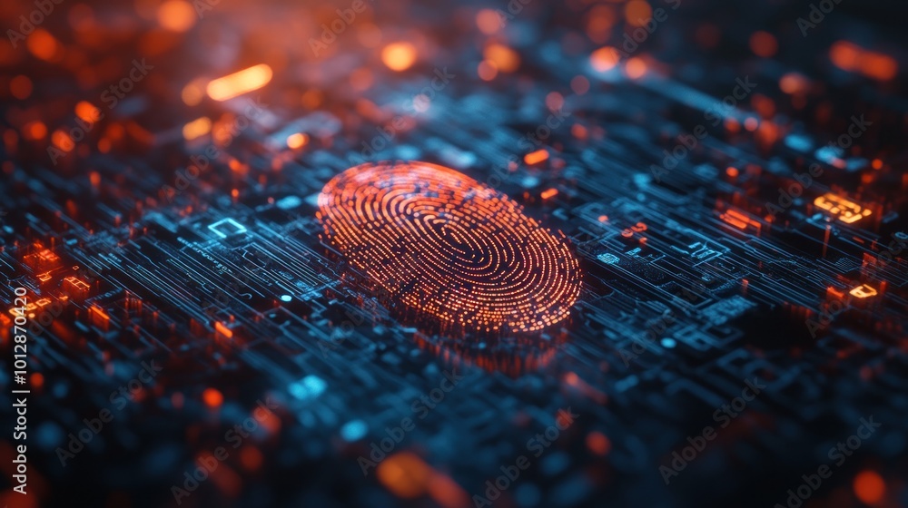 Poster a digital fingerprint overlay on a circuit board, symbolizing security and technology.