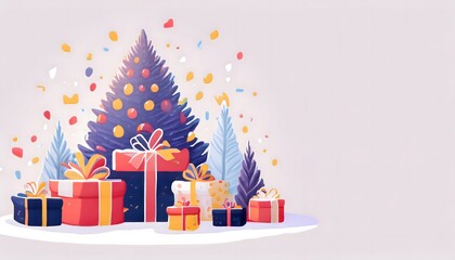 Christmas gifts wrapped in red and black under a snow-covered tree.