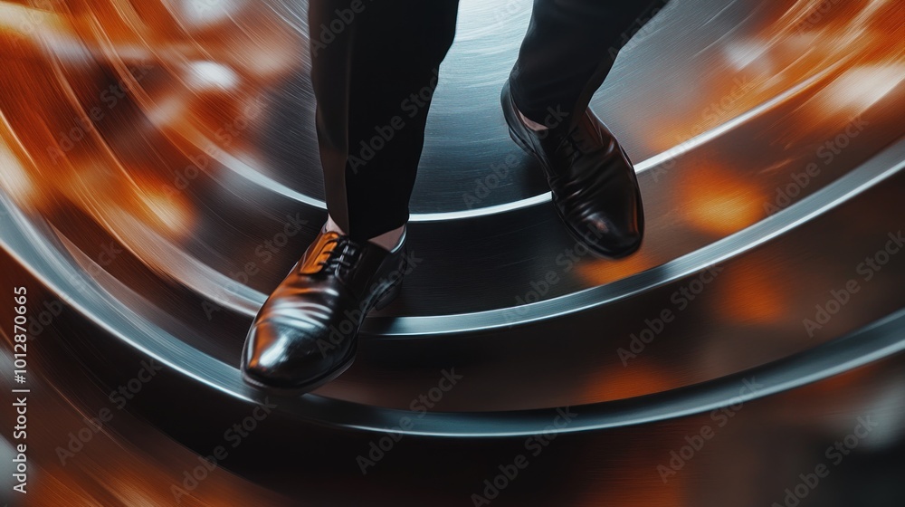 Poster a close-up of polished shoes standing on a swirling metallic surface, creating a dynamic effect.