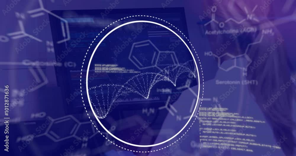 Poster animation of dna strand and data processing over dark background